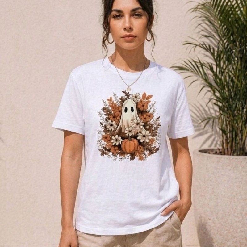 Kadın Balkabağı Hayalet Baskılı Tişört Kısa Kol Yazlık T-Shirt - Beyaz Kadın Balkabağı Hayalet Baskılı Tişört Kısa Kol Yazlık T-Shirt - Beyaz
