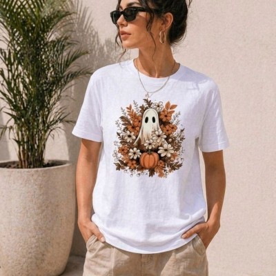 Kadın Balkabağı Hayalet Baskılı Tişört Kısa Kol Yazlık T-Shirt - Beyaz Kadın Balkabağı Hayalet Baskılı Tişört Kısa Kol Yazlık T-Shirt - Beyaz