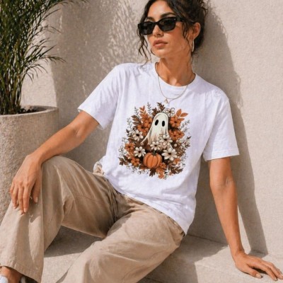 Kadın Balkabağı Hayalet Baskılı Tişört Kısa Kol Yazlık T-Shirt - Beyaz Kadın Balkabağı Hayalet Baskılı Tişört Kısa Kol Yazlık T-Shirt - Beyaz