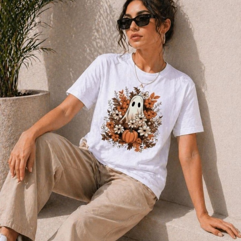 Kadın Balkabağı Hayalet Baskılı Tişört Kısa Kol Yazlık T-Shirt - Beyaz Kadın Balkabağı Hayalet Baskılı Tişört Kısa Kol Yazlık T-Shirt - Beyaz