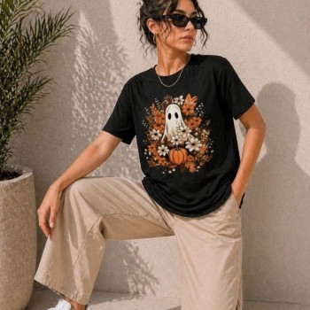 Kadın Balkabağı Hayalet Baskılı Tişört Kısa Kol Yazlık T-Shirt - Siyah Kadın Balkabağı Hayalet Baskılı Tişört Kısa Kol Yazlık T-Shirt - Siyah