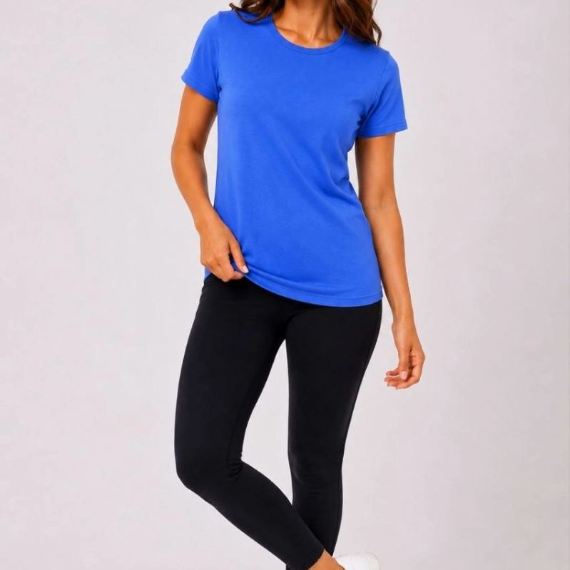 Kadın Basic Bisiklet Yaka Yazlık Slim fit T-Shirt - Mavi & Hardal Sarısı