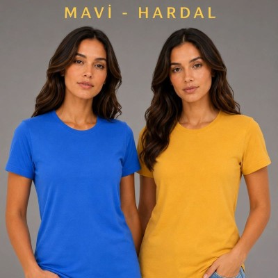 Kadın Basic Bisiklet Yaka Yazlık Slim fit T-Shirt - Mavi & Hardal Sarısı