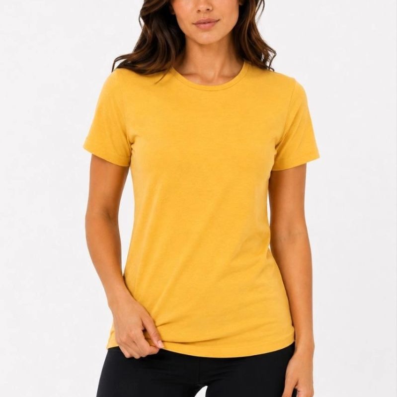 Kadın Basic Bisiklet Yaka Yazlık Slim fit T-Shirt - Mavi & Hardal Sarısı