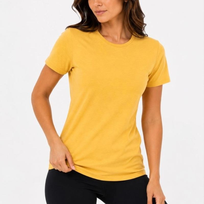 Kadın Basic Bisiklet Yaka Yazlık Slim fit T-Shirt - Mavi & Hardal Sarısı