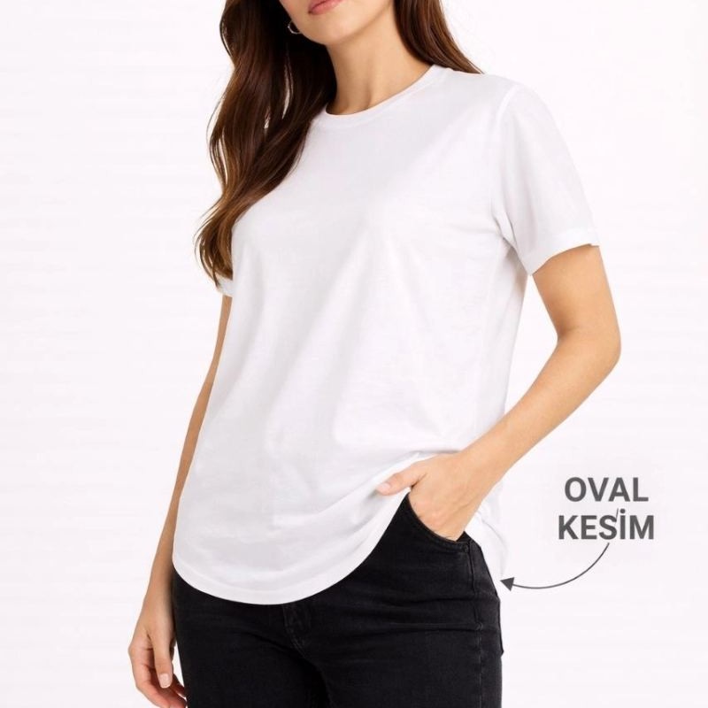 Kadın Basic T-Shirt Kısa Kol Bisiklet Yaka Oval Kesim Tişört - Beyaz Kadın Basic T-Shirt Kısa Kol Bisiklet Yaka Oval Kesim Tişört - Beyaz