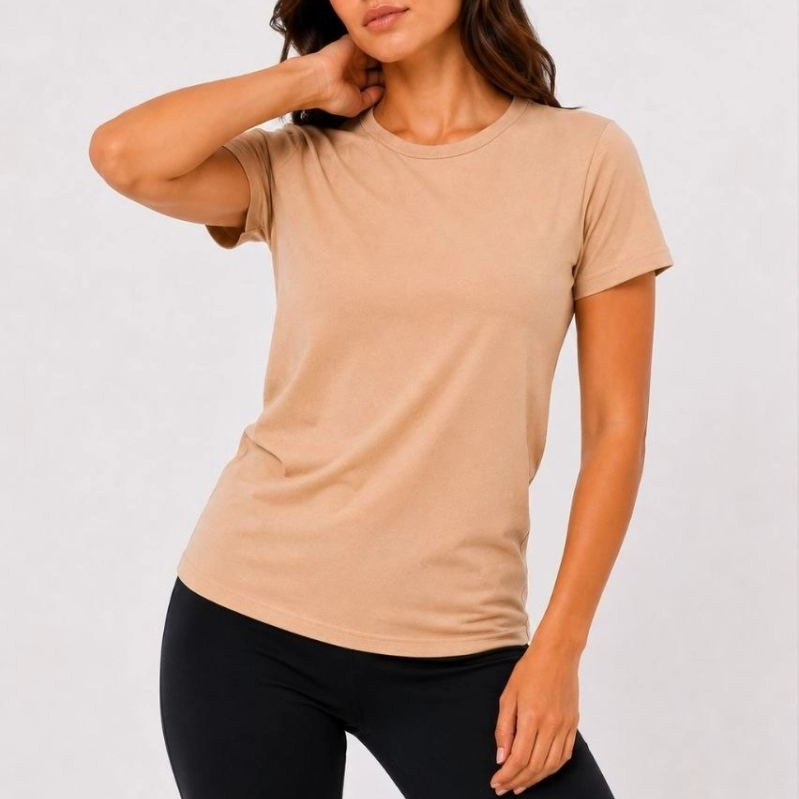 Kadın Basic Tişört Bisiklet Yaka Kısa Kol Günlük Yazlık Slim fit T-Shirt - Bej Kadın Basic Tişört Bisiklet Yaka Kısa Kol Günlük Yazlık Slim fit T-Shirt - Bej