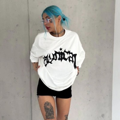Kadın Baskıkı Bisiklet Yaka T-Shirt - Beyaz