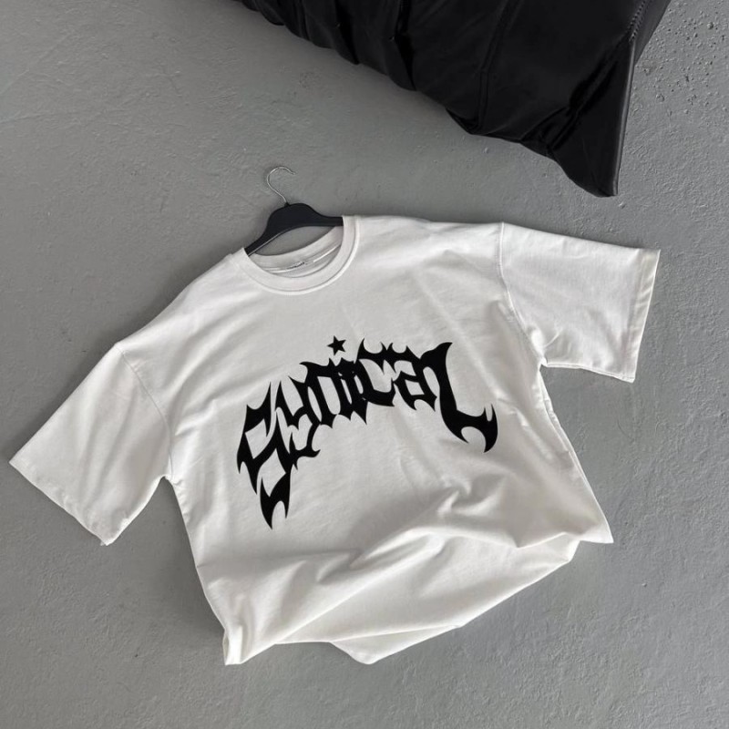 Kadın Baskıkı Bisiklet Yaka T-Shirt - Beyaz