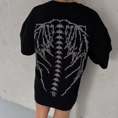Kadın Baskılı Bisiklet Yaka T-Shirt - Siyah