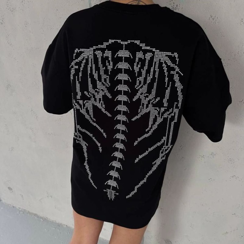 Kadın Baskılı Bisiklet Yaka T-Shirt - Siyah