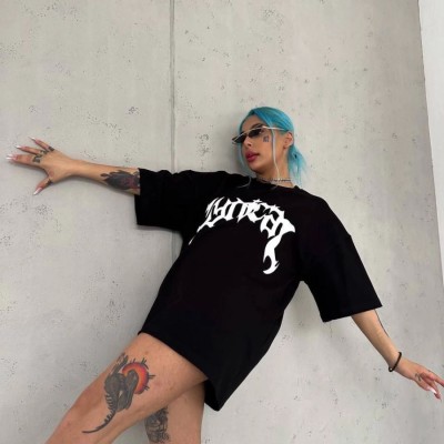 Kadın Baskılı Bisiklet Yaka T-Shirt - Siyah