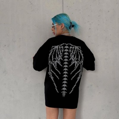 Kadın Baskılı Bisiklet Yaka T-Shirt - Siyah