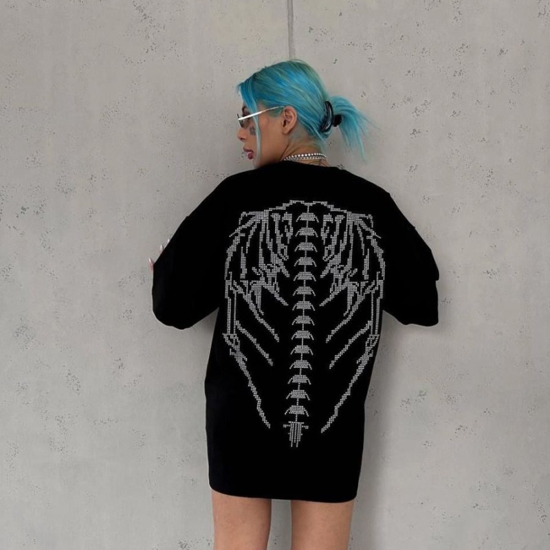 Kadın Baskılı Bisiklet Yaka T-Shirt - Siyah