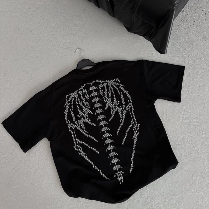 Kadın Baskılı Bisiklet Yaka T-Shirt - Siyah