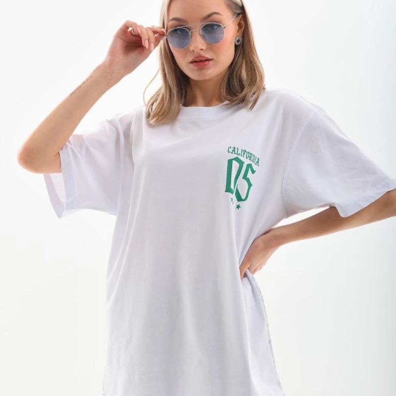 Kadın Baskılı kısa kol  Oversize T-Shirt - Beyaz