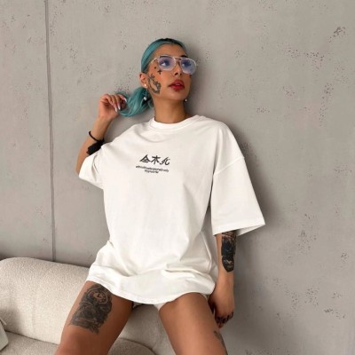 Kadın Baskılı Kısa kol Oversize T-Shirt - Beyaz