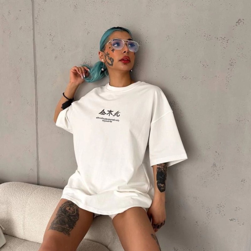 Kadın Baskılı Kısa kol Oversize T-Shirt - Beyaz