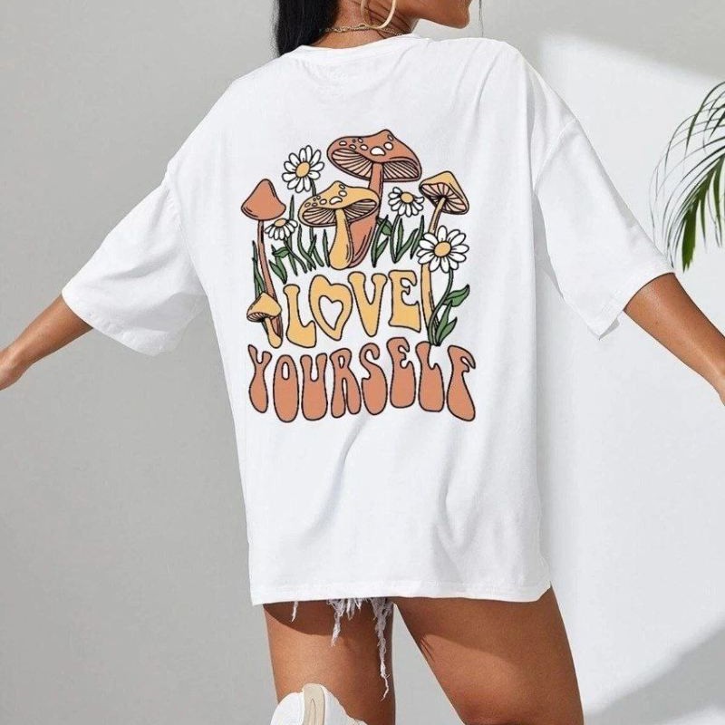 Kadın Baskılı Oversize kısa kol T-Shirt - Beyaz Kadın Baskılı Oversize kısa kol T-Shirt - Beyaz