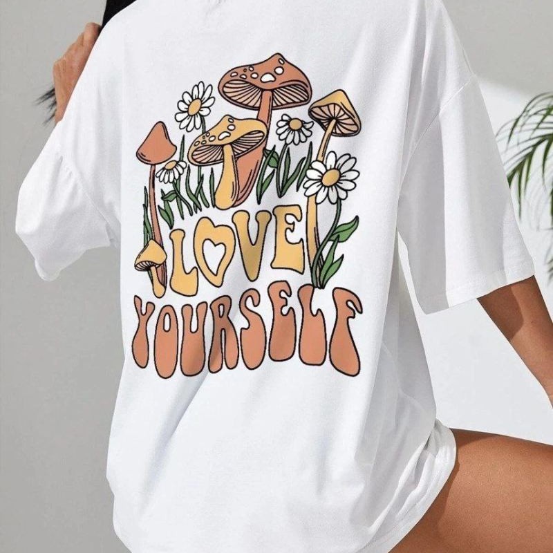 Kadın Baskılı Oversize kısa kol T-Shirt - Beyaz Kadın Baskılı Oversize kısa kol T-Shirt - Beyaz