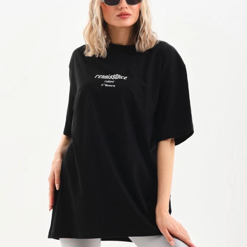 Kadın Baskılı Oversize Kısa kol T-Shirt - Siyah Kadın Baskılı Oversize Kısa kol T-Shirt - Siyah