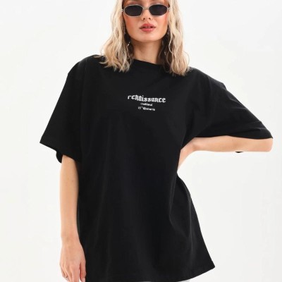 Kadın Baskılı Oversize Kısa kol T-Shirt - Siyah Kadın Baskılı Oversize Kısa kol T-Shirt - Siyah