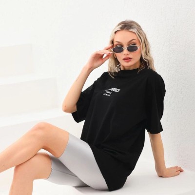 Kadın Baskılı Oversize Kısa kol T-Shirt - Siyah Kadın Baskılı Oversize Kısa kol T-Shirt - Siyah
