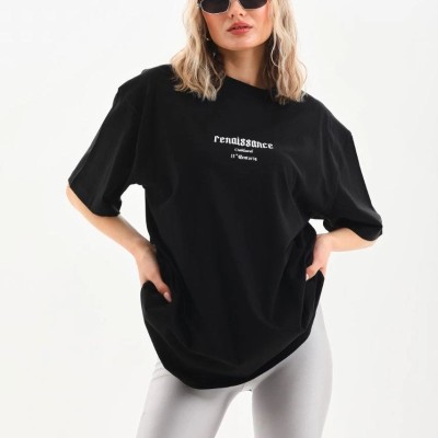 Kadın Baskılı Oversize Kısa kol T-Shirt - Siyah Kadın Baskılı Oversize Kısa kol T-Shirt - Siyah