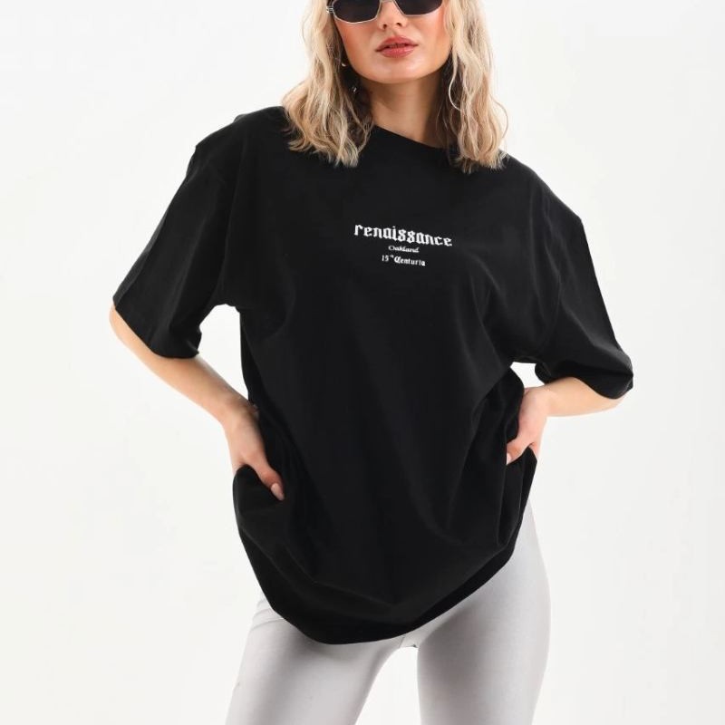Kadın Baskılı Oversize Kısa kol T-Shirt - Siyah Kadın Baskılı Oversize Kısa kol T-Shirt - Siyah