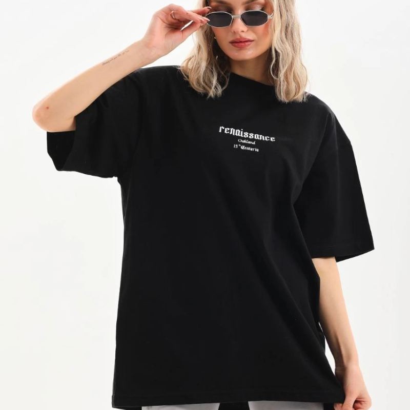 Kadın Baskılı Oversize Kısa kol T-Shirt - Siyah Kadın Baskılı Oversize Kısa kol T-Shirt - Siyah