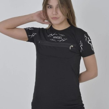 Kadın Baskılı T-Shirt Kısa Kol Bisiklet Yaka Göğüs Fermuarlı Tişört - Siyah Kadın Baskılı T-Shirt Kısa Kol Bisiklet Yaka Göğüs Fermuarlı Tişört - Siyah