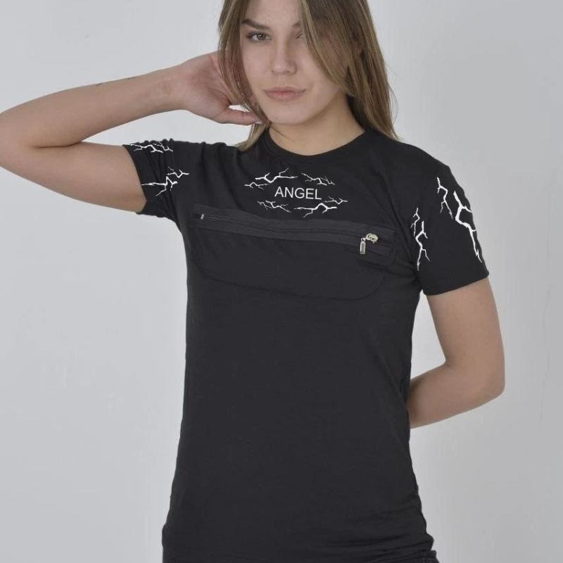 Kadın Baskılı T-Shirt Kısa Kol Bisiklet Yaka Göğüs Fermuarlı Tişört - Siyah Kadın Baskılı T-Shirt Kısa Kol Bisiklet Yaka Göğüs Fermuarlı Tişört - Siyah