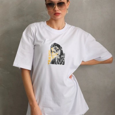 Kadın Baskılı T-Shirt Kısa Kol Bisiklet Yaka Oversize Rahat Kalıp Günlük Tişört - Beyaz Kadın Baskılı T-Shirt Kısa Kol Bisiklet Yaka Oversize Rahat Kalıp Günlük Tişört - Beyaz
