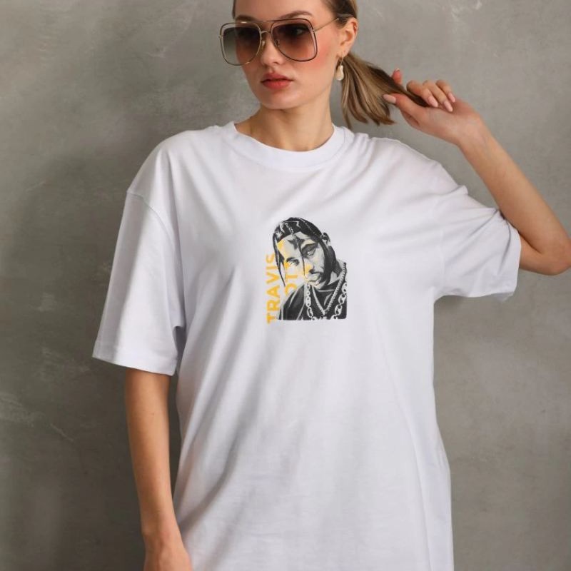 Kadın Baskılı T-Shirt Kısa Kol Bisiklet Yaka Oversize Rahat Kalıp Günlük Tişört - Beyaz Kadın Baskılı T-Shirt Kısa Kol Bisiklet Yaka Oversize Rahat Kalıp Günlük Tişört - Beyaz