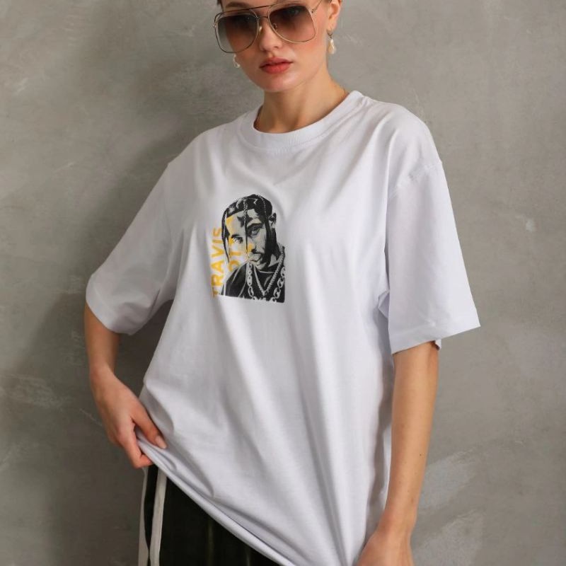 Kadın Baskılı T-Shirt Kısa Kol Bisiklet Yaka Oversize Rahat Kalıp Günlük Tişört - Beyaz Kadın Baskılı T-Shirt Kısa Kol Bisiklet Yaka Oversize Rahat Kalıp Günlük Tişört - Beyaz