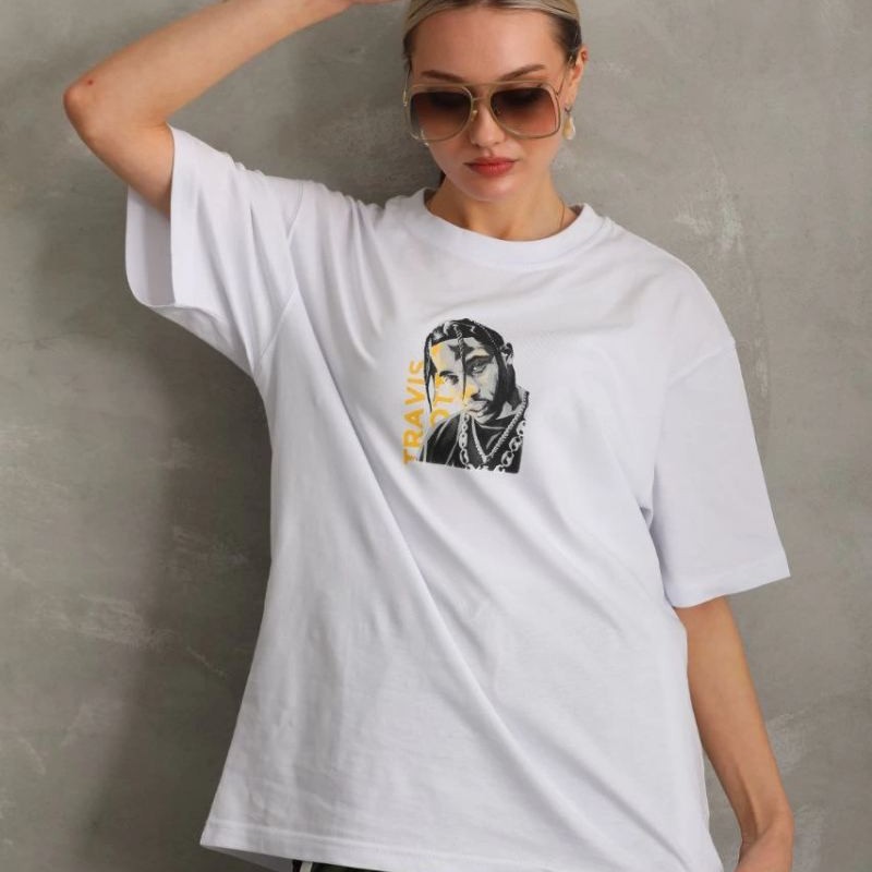 Kadın Baskılı T-Shirt Kısa Kol Bisiklet Yaka Oversize Rahat Kalıp Günlük Tişört - Beyaz Kadın Baskılı T-Shirt Kısa Kol Bisiklet Yaka Oversize Rahat Kalıp Günlük Tişört - Beyaz