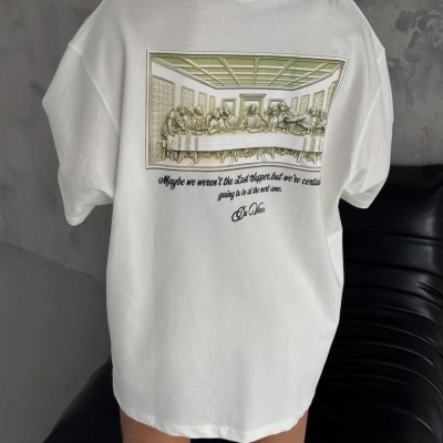 Kadın Baskılı T-Shirt Kısa Kol Bisiklet Yaka Oversize Rahat Kalıp Günlük Tişört - Beyaz Kadın Baskılı T-Shirt Kısa Kol Bisiklet Yaka Oversize Rahat Kalıp Günlük Tişört - Beyaz