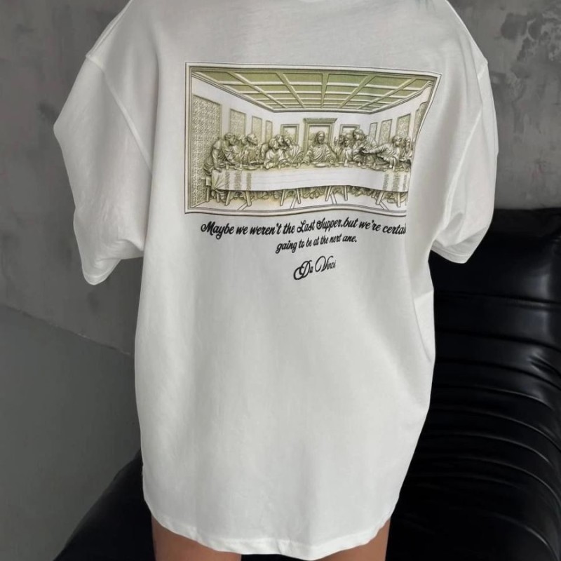 Kadın Baskılı T-Shirt Kısa Kol Bisiklet Yaka Oversize Rahat Kalıp Günlük Tişört - Beyaz Kadın Baskılı T-Shirt Kısa Kol Bisiklet Yaka Oversize Rahat Kalıp Günlük Tişört - Beyaz