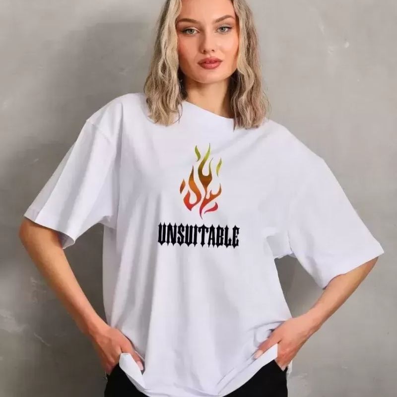 Kadın Baskılı T-Shirt Kısa Kol Bisiklet Yaka Oversize Rahat Kalıp Günlük Tişört - Beyaz Kadın Baskılı T-Shirt Kısa Kol Bisiklet Yaka Oversize Rahat Kalıp Günlük Tişört - Beyaz