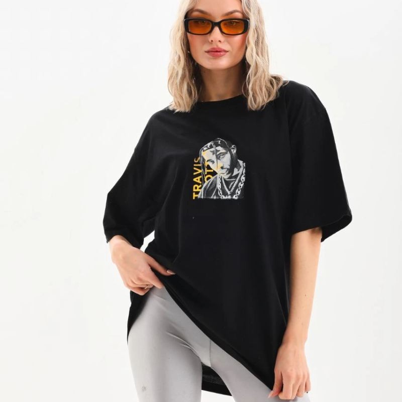 Kadın Baskılı T-Shirt Kısa Kol Bisiklet Yaka Oversize Rahat Kalıp Günlük Tişört - Siyah Kadın Baskılı T-Shirt Kısa Kol Bisiklet Yaka Oversize Rahat Kalıp Günlük Tişört - Siyah