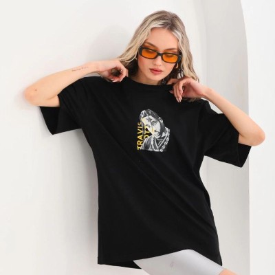 Kadın Baskılı T-Shirt Kısa Kol Bisiklet Yaka Oversize Rahat Kalıp Günlük Tişört - Siyah Kadın Baskılı T-Shirt Kısa Kol Bisiklet Yaka Oversize Rahat Kalıp Günlük Tişört - Siyah