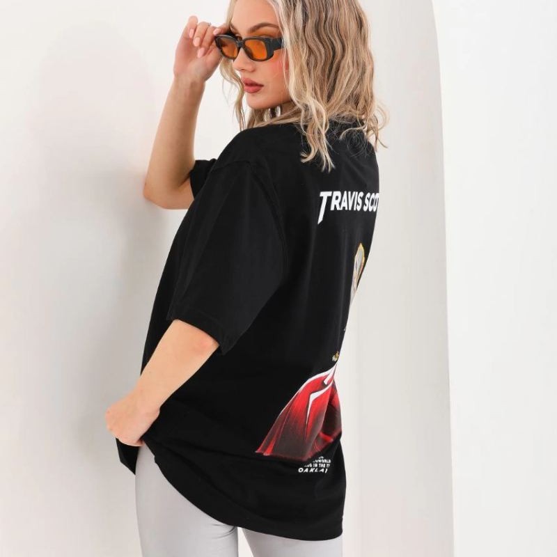 Kadın Baskılı T-Shirt Kısa Kol Bisiklet Yaka Oversize Rahat Kalıp Günlük Tişört - Siyah Kadın Baskılı T-Shirt Kısa Kol Bisiklet Yaka Oversize Rahat Kalıp Günlük Tişört - Siyah