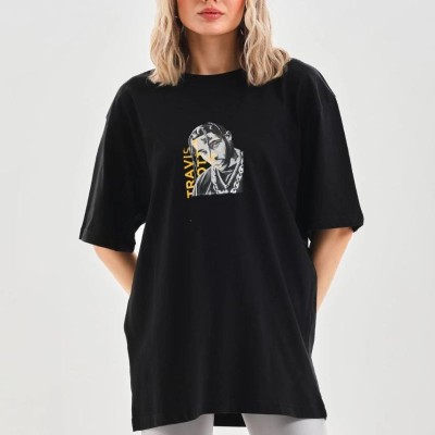Kadın Baskılı T-Shirt Kısa Kol Bisiklet Yaka Oversize Rahat Kalıp Günlük Tişört - Siyah Kadın Baskılı T-Shirt Kısa Kol Bisiklet Yaka Oversize Rahat Kalıp Günlük Tişört - Siyah