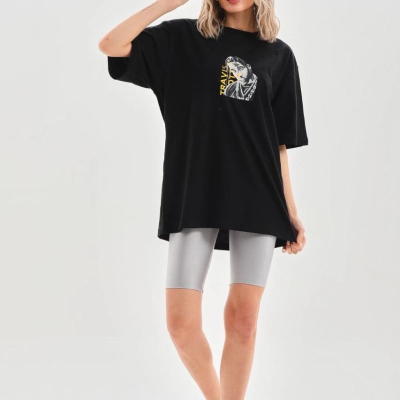 Kadın Baskılı T-Shirt Kısa Kol Bisiklet Yaka Oversize Rahat Kalıp Günlük Tişört - Siyah Kadın Baskılı T-Shirt Kısa Kol Bisiklet Yaka Oversize Rahat Kalıp Günlük Tişört - Siyah