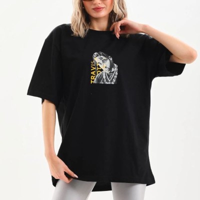 Kadın Baskılı T-Shirt Kısa Kol Bisiklet Yaka Oversize Rahat Kalıp Günlük Tişört - Siyah Kadın Baskılı T-Shirt Kısa Kol Bisiklet Yaka Oversize Rahat Kalıp Günlük Tişört - Siyah