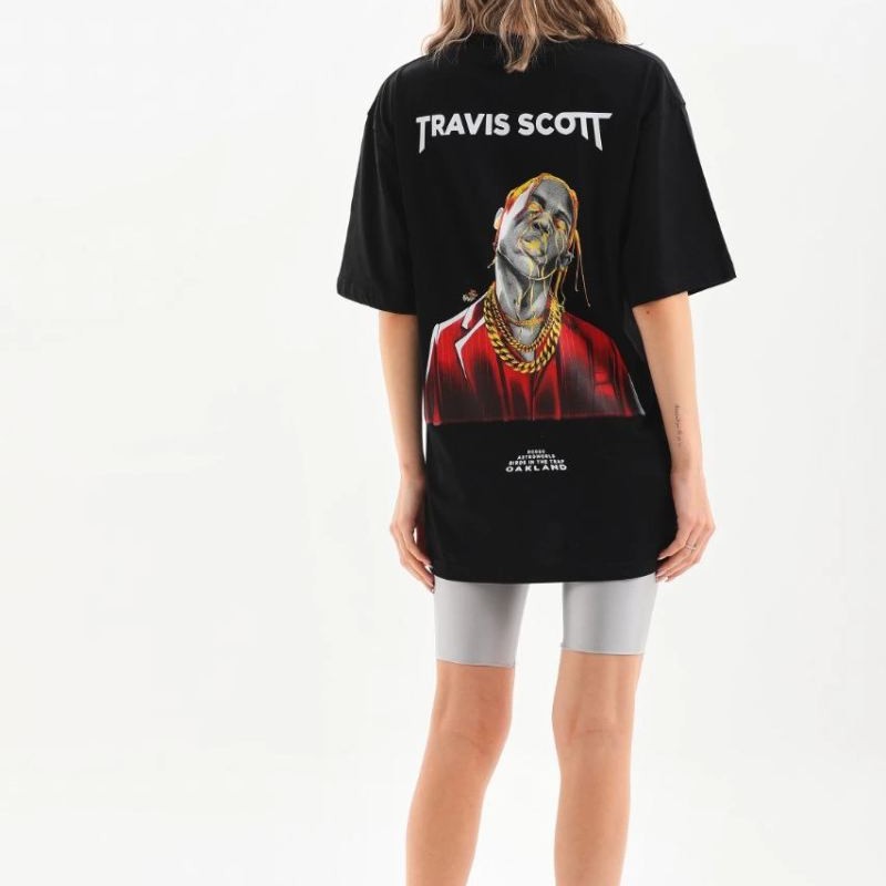 Kadın Baskılı T-Shirt Kısa Kol Bisiklet Yaka Oversize Rahat Kalıp Günlük Tişört - Siyah Kadın Baskılı T-Shirt Kısa Kol Bisiklet Yaka Oversize Rahat Kalıp Günlük Tişört - Siyah