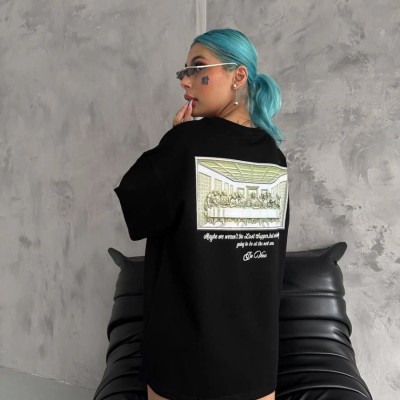 Kadın Baskılı T-Shirt Kısa Kol Bisiklet Yaka Oversize Rahat Kalıp Günlük Tişört - Siyah Kadın Baskılı T-Shirt Kısa Kol Bisiklet Yaka Oversize Rahat Kalıp Günlük Tişört - Siyah