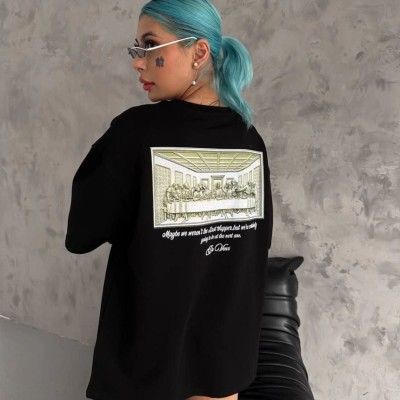 Kadın Baskılı T-Shirt Kısa Kol Bisiklet Yaka Oversize Rahat Kalıp Günlük Tişört - Siyah Kadın Baskılı T-Shirt Kısa Kol Bisiklet Yaka Oversize Rahat Kalıp Günlük Tişört - Siyah