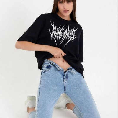 Kadın Baskılı T-Shirt Kısa Kol Bisiklet Yaka Oversize Rahat Kalıp Günlük Tişört - Siyah Kadın Baskılı T-Shirt Kısa Kol Bisiklet Yaka Oversize Rahat Kalıp Günlük Tişört - Siyah
