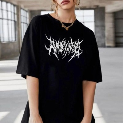Kadın Baskılı T-Shirt Kısa Kol Bisiklet Yaka Oversize Rahat Kalıp Günlük Tişört - Siyah Kadın Baskılı T-Shirt Kısa Kol Bisiklet Yaka Oversize Rahat Kalıp Günlük Tişört - Siyah